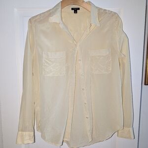 Ann Taylor silk butter yellow gingham button up long sleeve shirt